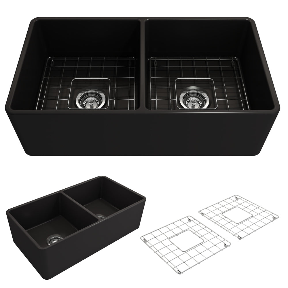 Classico Farmhouse Apron Front Fireclay 33" Double Bowl Kitchen Sink Matte Black