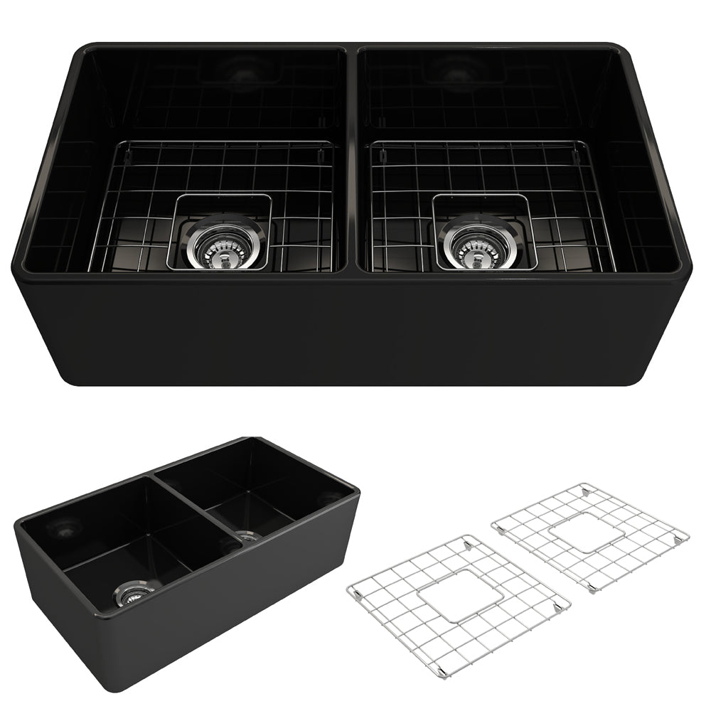 Classico Farmhouse Apron Front Fireclay 33" Double Bowl Kitchen Sink in Black