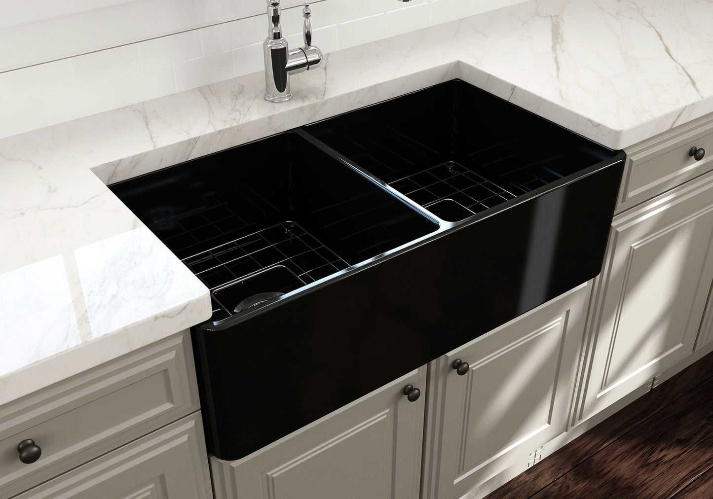 Classico Farmhouse Apron Front Fireclay 33" Double Bowl Kitchen Sink in Black