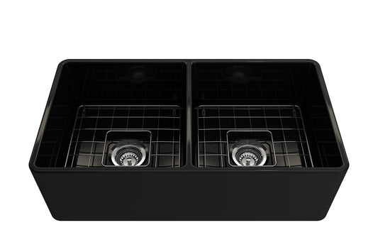 Classico Farmhouse Apron Front Fireclay 33" Double Bowl Kitchen Sink in Black