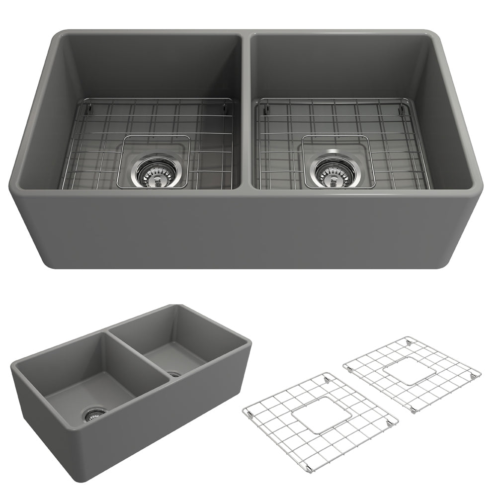 Classico Farmhouse Apron Front Fireclay 33" Double Bowl Kitchen Sink, Matte Gray