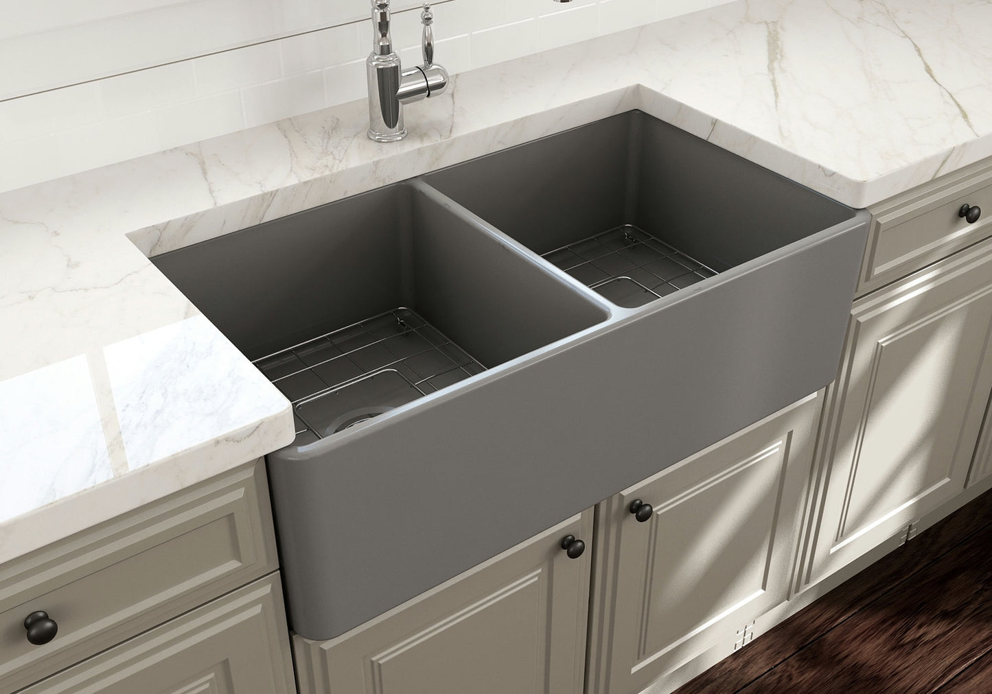 Classico Farmhouse Apron Front Fireclay 33" Double Bowl Kitchen Sink, Matte Gray