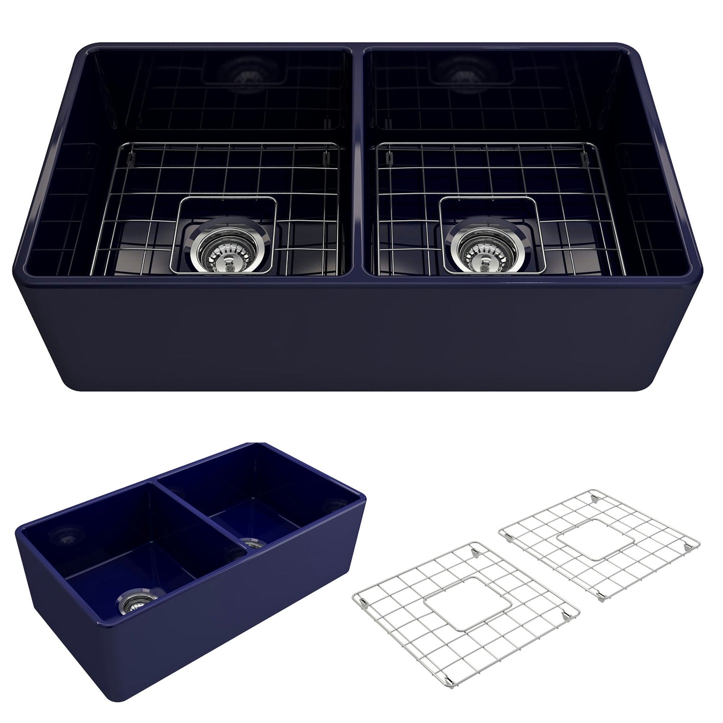 Classico Farmhouse Apron Front Fireclay 33" Double Bowl Kitchen Sink in Blue