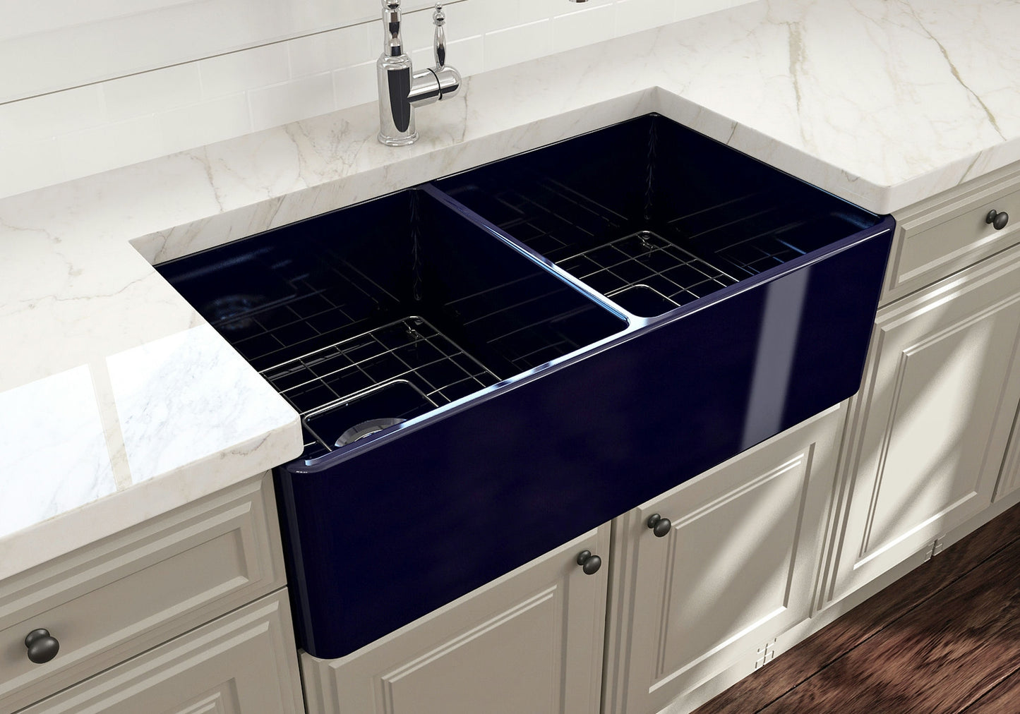 Classico Farmhouse Apron Front Fireclay 33" Double Bowl Kitchen Sink in Blue