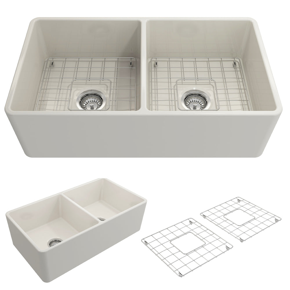 Classico Farmhouse Apron Front Fireclay 33" Double Bowl Kitchen Sink in Biscuit