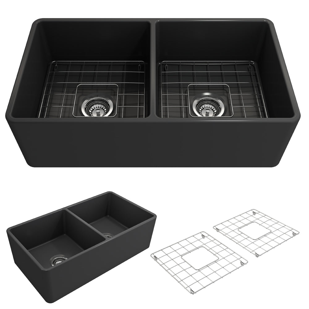 Classico Farmhouse Apron Front Fireclay 33" Double Bowl Kitchen Sink, Dark Gray