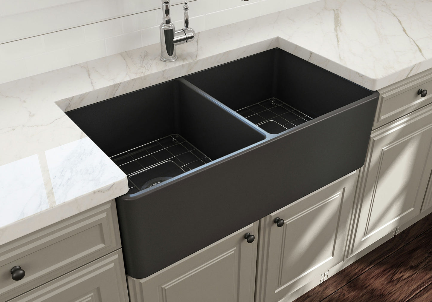 Classico Farmhouse Apron Front Fireclay 33" Double Bowl Kitchen Sink, Dark Gray