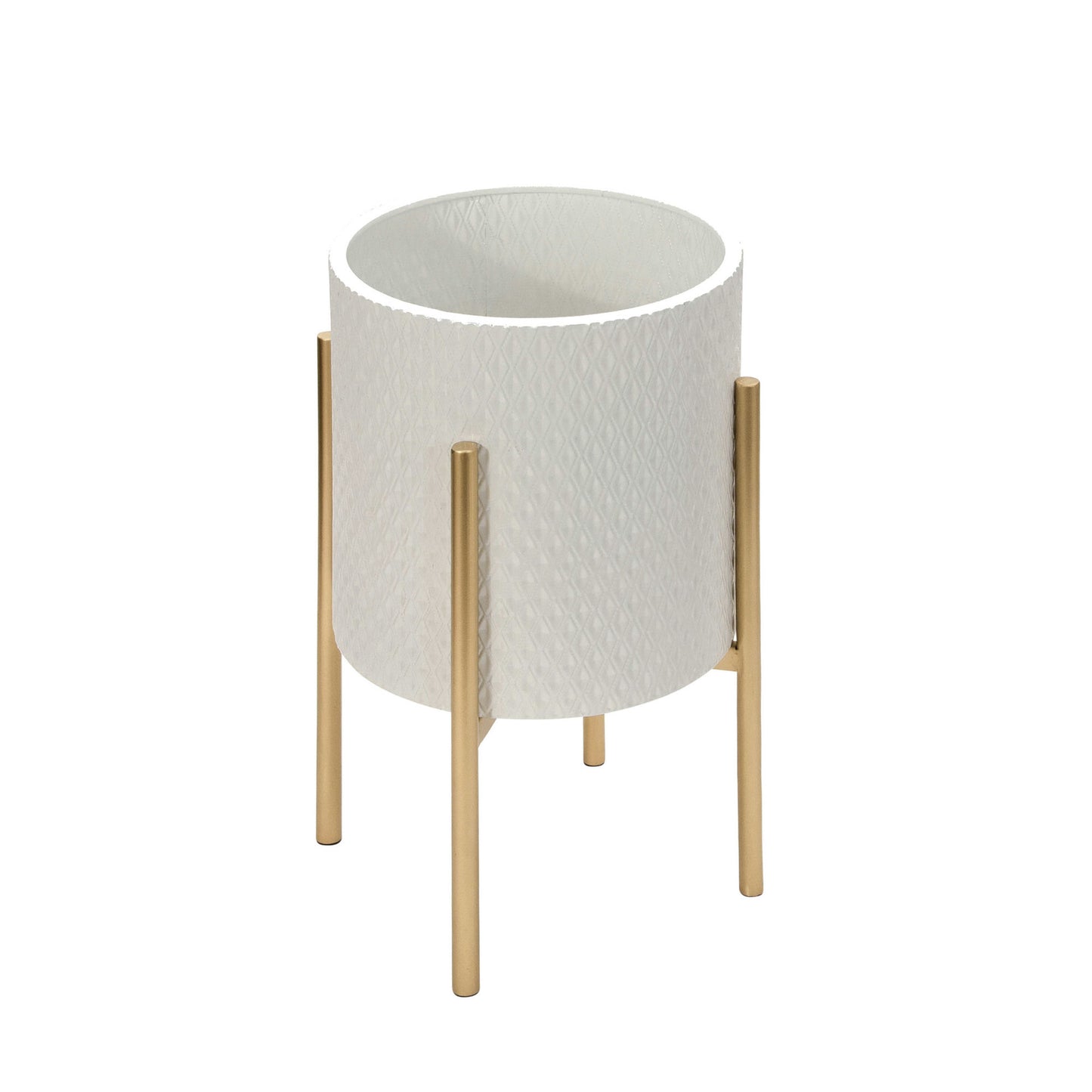 S/2 Textured Planter On Metal Stand, White/gold