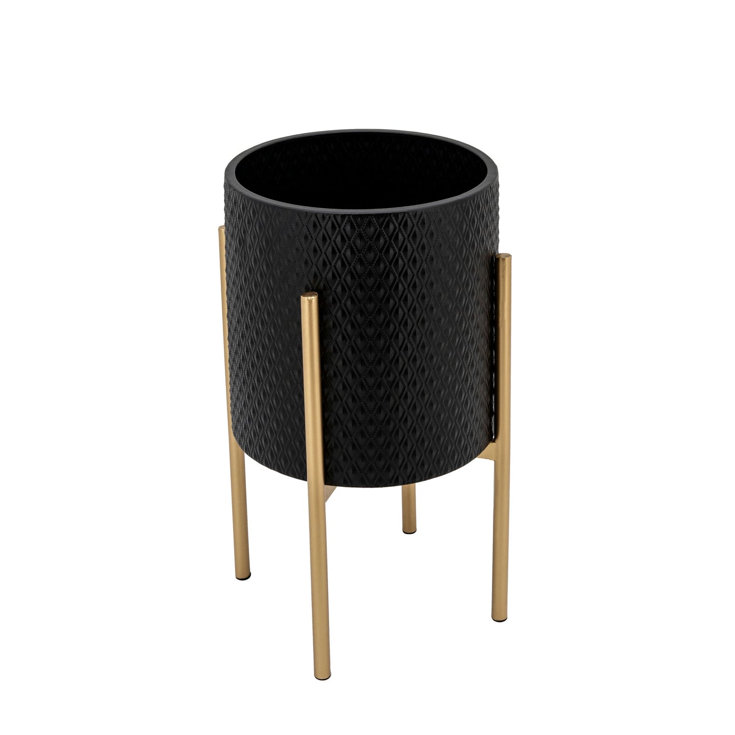 S/2 Textured Planter On Metalstand, Black/gld