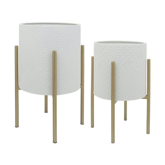 S/2 Diamond Planter On Metal Stand, White/gld