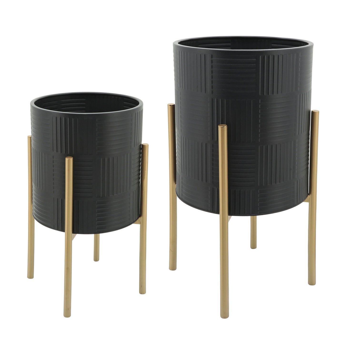 S/2 Planter W/ Lines On Metal Stand, Black/gold