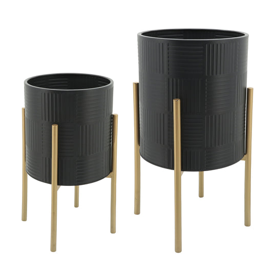 S/2 Planter W/ Lines On Metal Stand, Black/gold