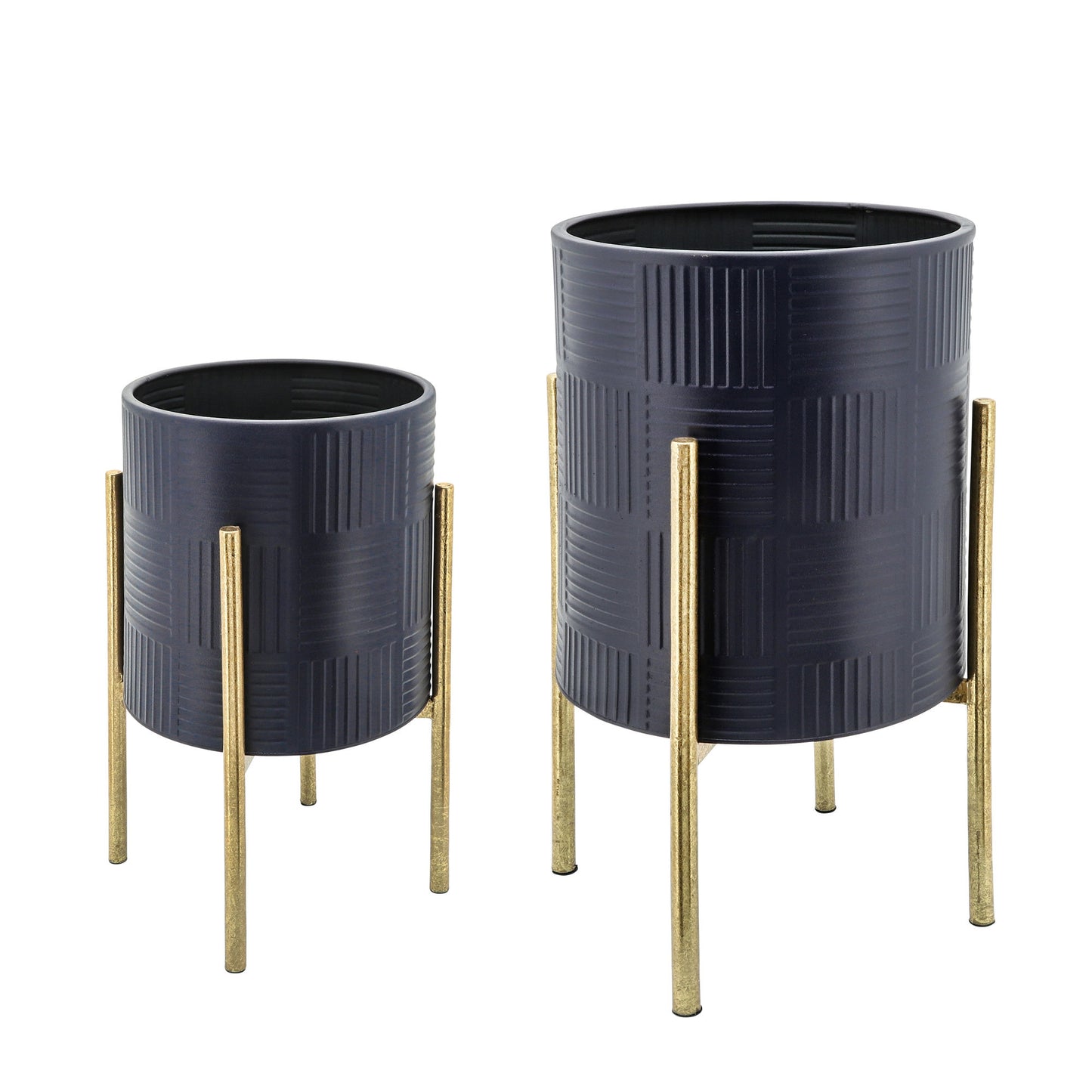 S/2 Textured Planter On Metal Stand, Navy/gld