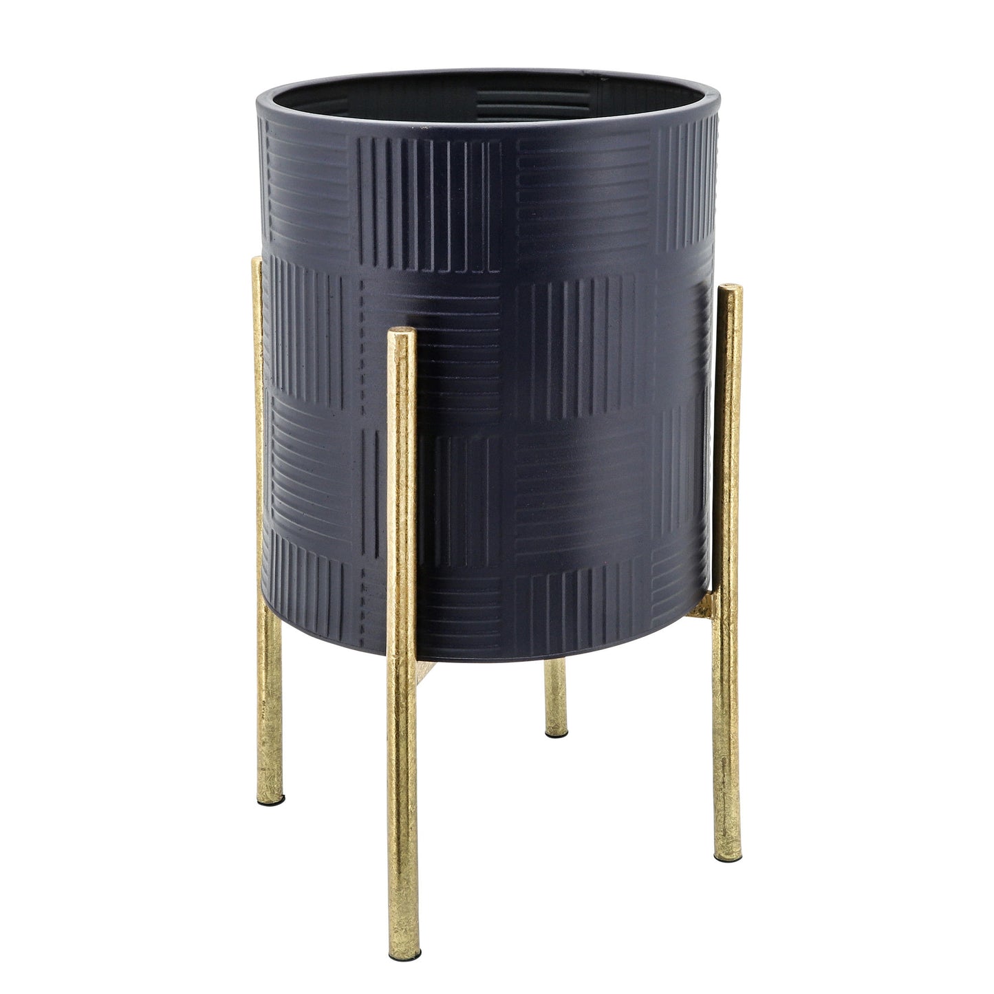 S/2 Textured Planter On Metal Stand, Navy/gld