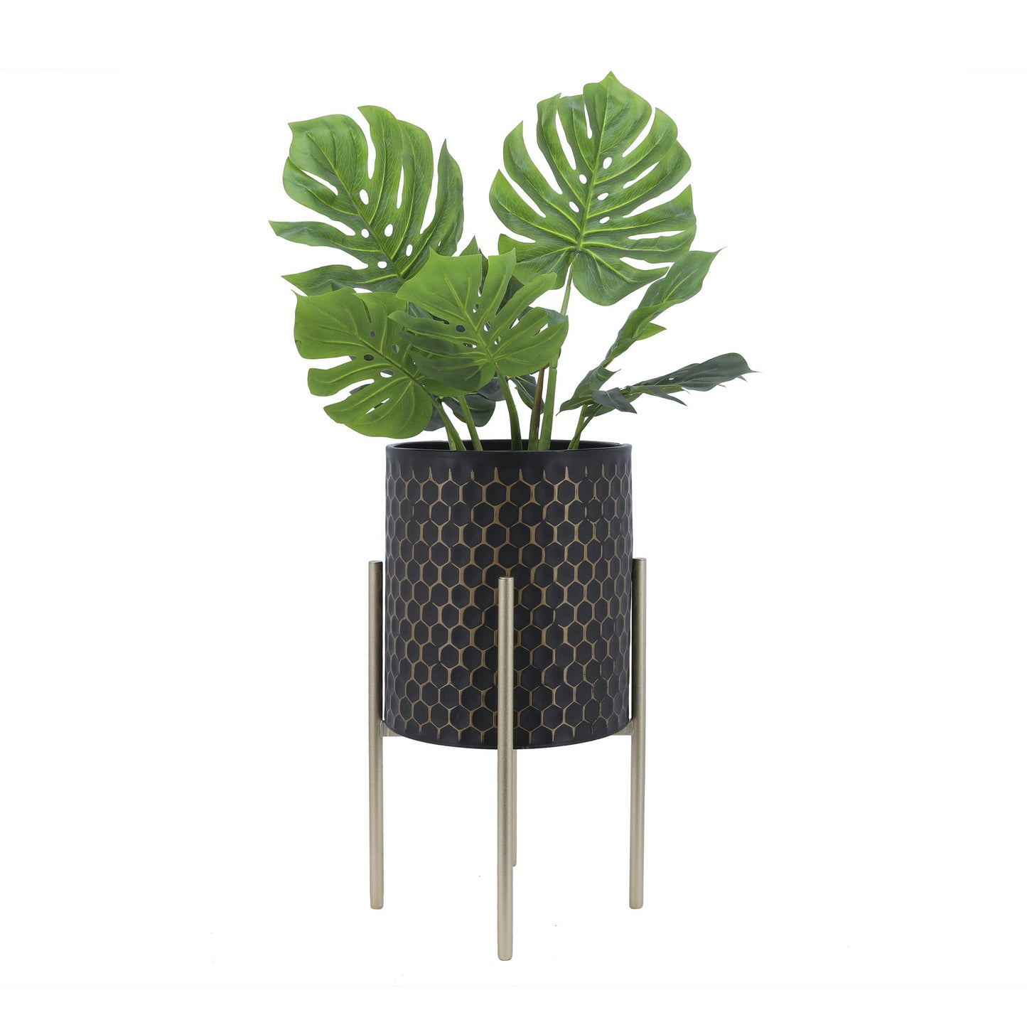 S/2 3d Honeycomb Planter On Metal Stand, Blk/gld