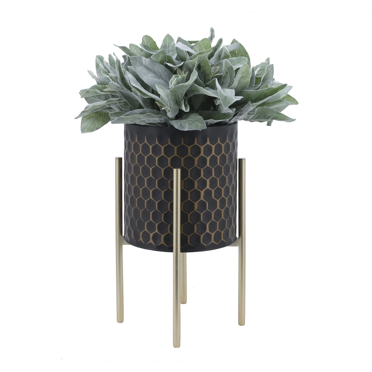 S/2 3d Honeycomb Planter On Metal Stand, Blk/gld