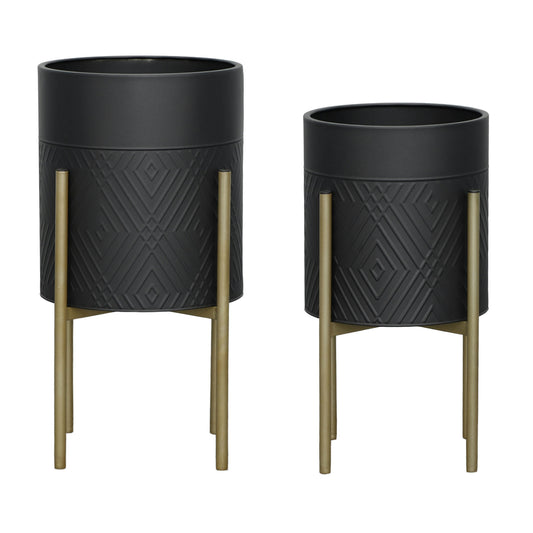 S/2 Diamond Planter On Metal Tand, Blk/gld