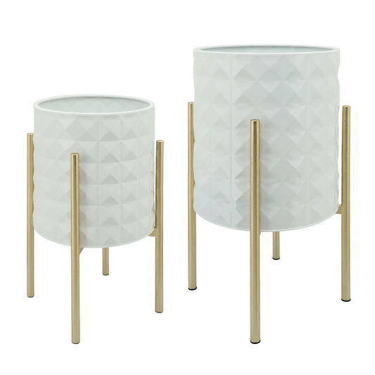 S/2 Diamond Planters In Metal Stand, White