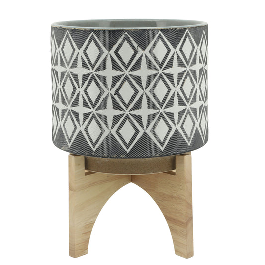 Ceramic 10" Planter On Stand, Gray, Star & Romb Pattern