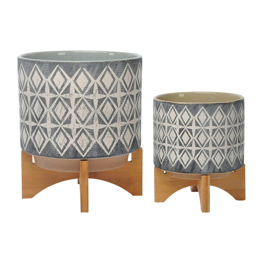 Ceramic S/2 8/10" Planter On Stand, Gray