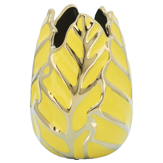 Ceramic 8"h Leaf Vase, Yellow/gold