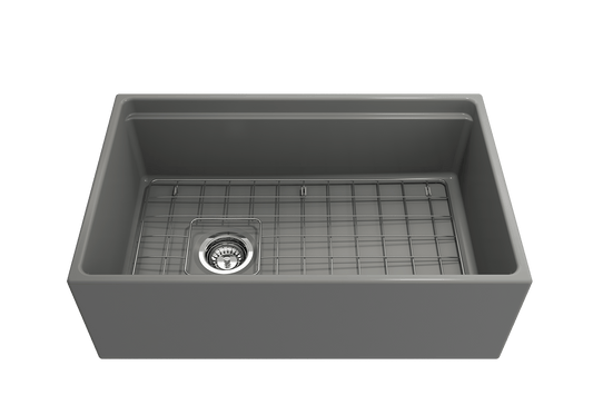 Contempo Step-Rim Apron Front Fireclay 30" Single Bowl Kitchen Sink, Matte Gray