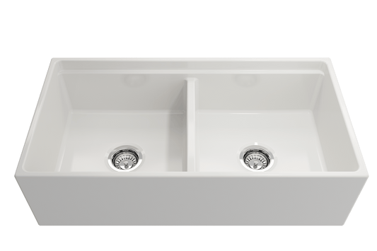 Contempo Step-Rim Apron Front Fireclay 36" Double Bowl Kitchen Sink in White