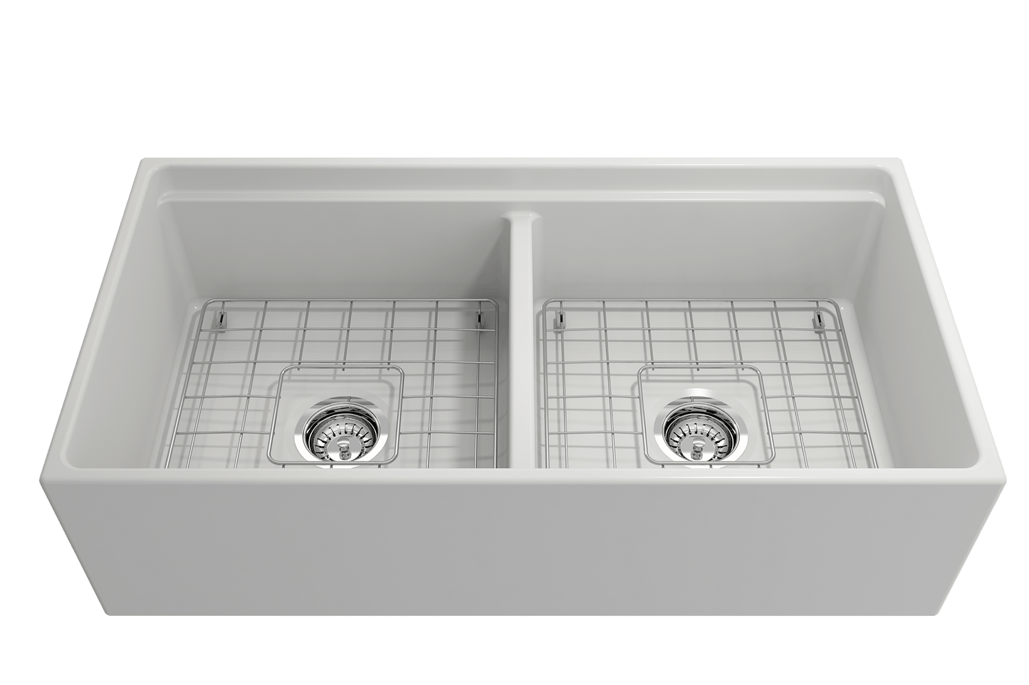 Contempo Step-Rim Apron Front Fireclay 36" Double Bowl Kitchen Sink, Matte White