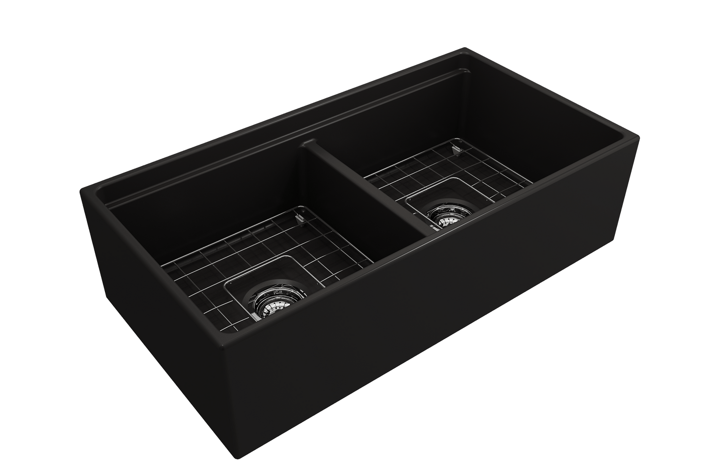 Contempo Step-Rim Apron Front Fireclay 36" Double Bowl Kitchen Sink, Matte Black