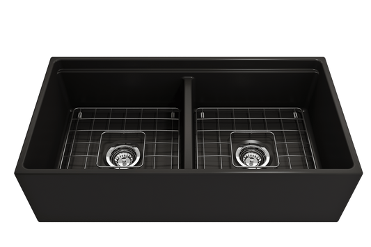 Contempo Step-Rim Apron Front Fireclay 36" Double Bowl Kitchen Sink, Matte Black