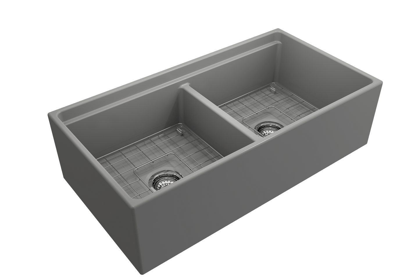 Contempo Step-Rim Apron Front Fireclay 36" Double Bowl Kitchen Sink, Matte Gray