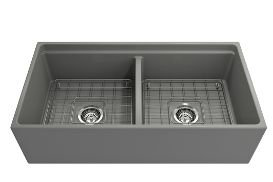 Contempo Step-Rim Apron Front Fireclay 36" Double Bowl Kitchen Sink, Matte Gray