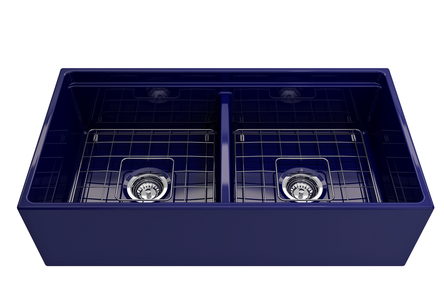 Contempo Step-Rim Apron Front Fireclay 36" Double Bowl Kitchen Sink in Blue