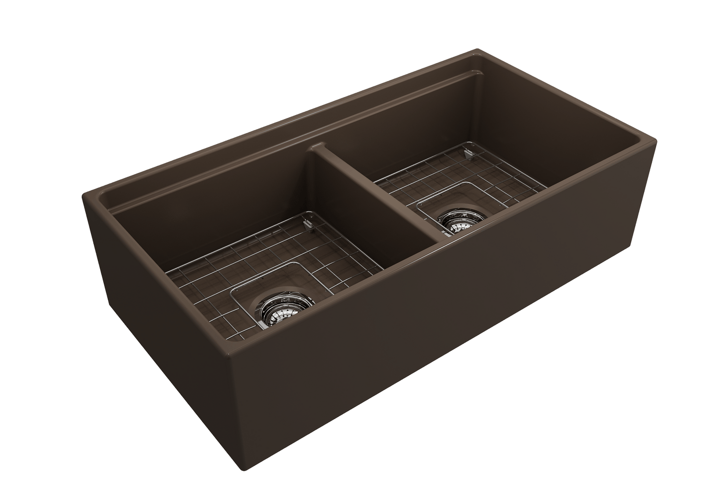 Contempo Step-Rim Apron Front Fireclay 36" Double Bowl Kitchen Sink, Matte Brown