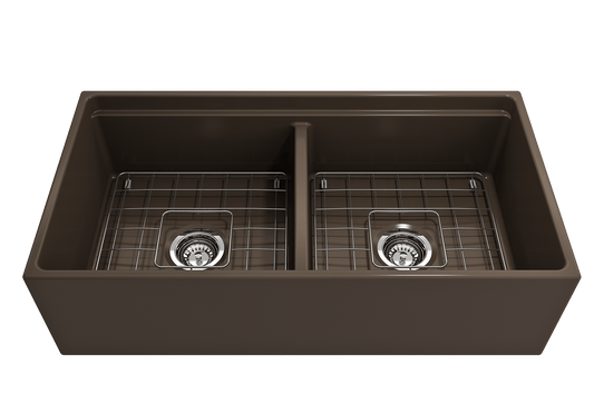 Contempo Step-Rim Apron Front Fireclay 36" Double Bowl Kitchen Sink, Matte Brown