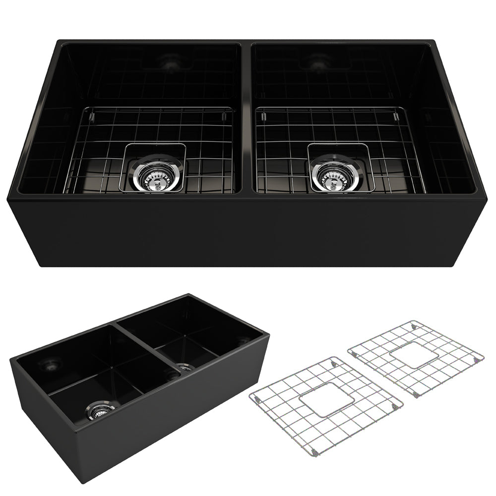 Contempo Apron Front Fireclay 36" Double Bowl Kitchen Sink in Matte Black