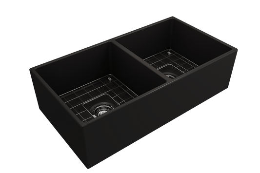 Contempo Apron Front Fireclay 36" Double Bowl Kitchen Sink in Matte Black