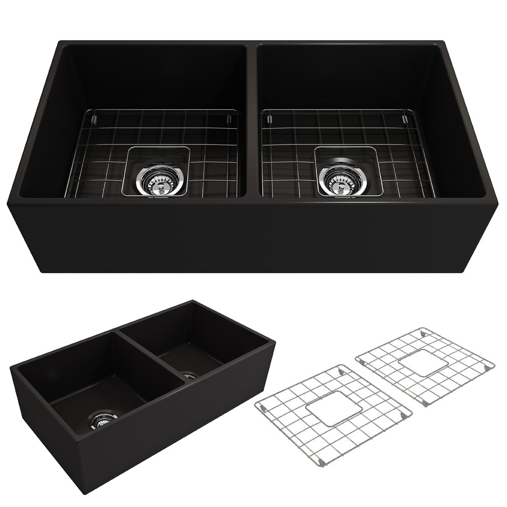 Contempo Apron Front Fireclay 36" Double Bowl Kitchen Sink in Black