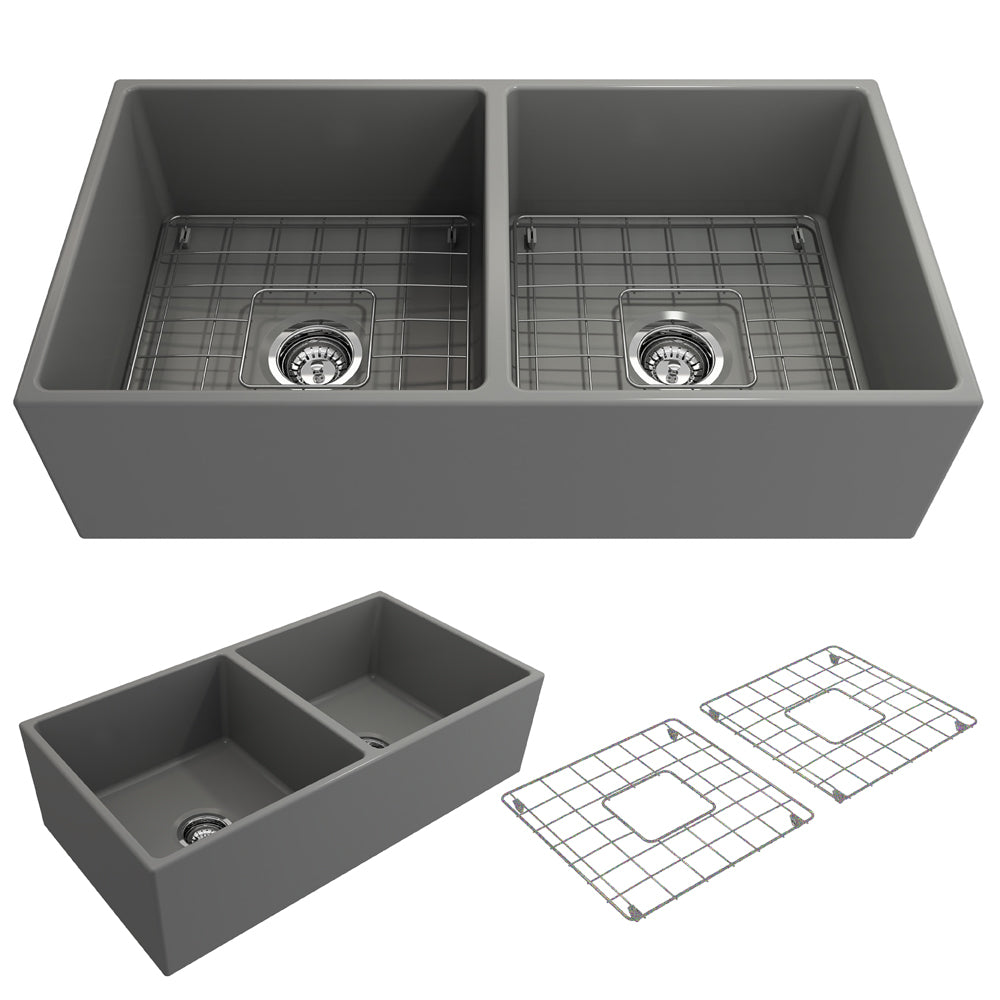 Contempo Apron Front Fireclay 36" Double Bowl Kitchen Sink in Matte Gray