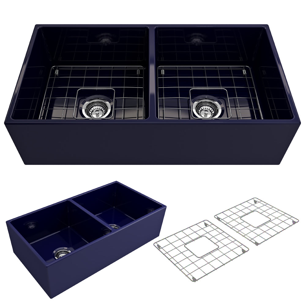 Contempo Apron Front Fireclay 36" Double Bowl Kitchen Sink in Sapphire Blue