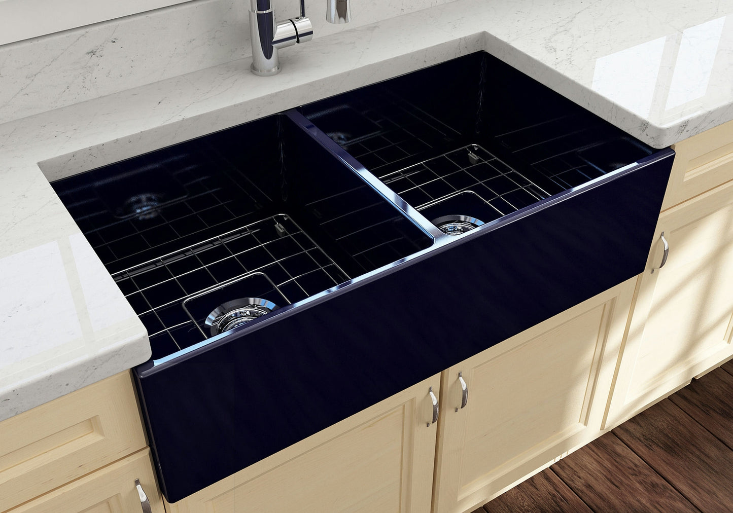 Contempo Apron Front Fireclay 36" Double Bowl Kitchen Sink in Sapphire Blue