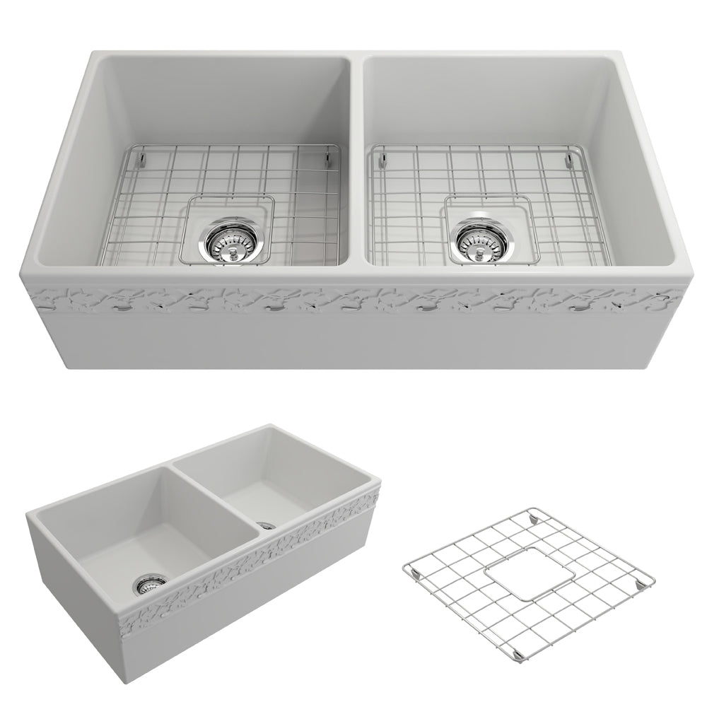 Vigneto Apron Front Fireclay 36" Double Bowl Kitchen Sink in Matte White