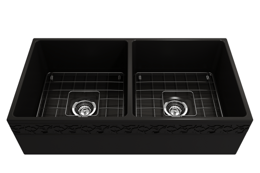 Vigneto Apron Front Fireclay 36" Double Bowl Kitchen Sink in Matte Black