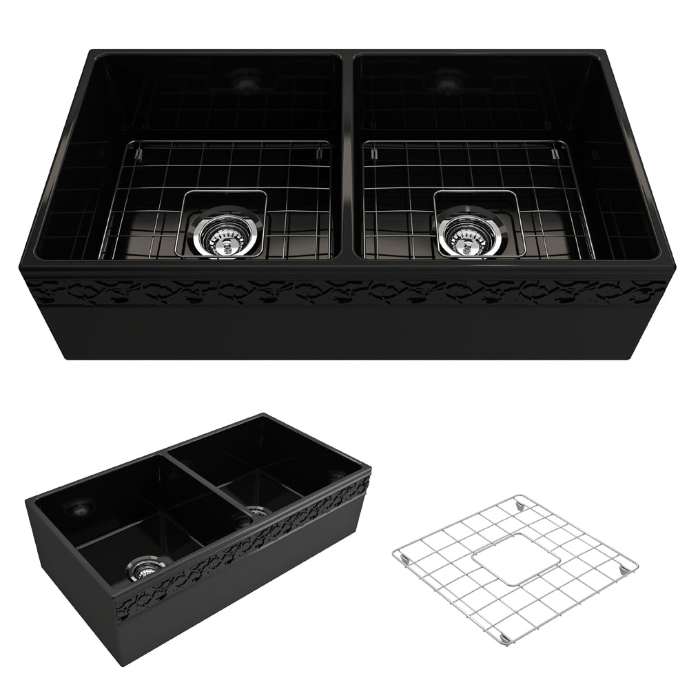 Vigneto Apron Front Fireclay 36" Double Bowl Kitchen Sink in Black