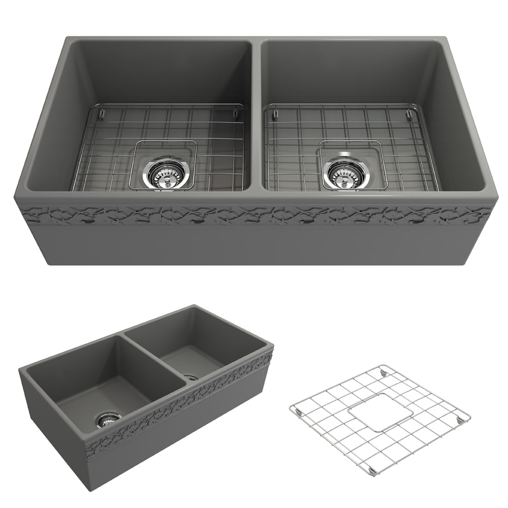 Vigneto Apron Front Fireclay 36" Double Bowl Kitchen Sink in Matte Gray