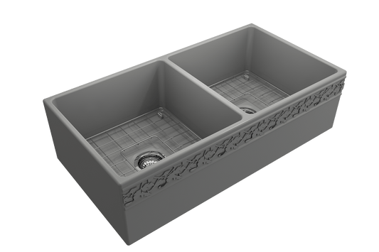 Vigneto Apron Front Fireclay 36" Double Bowl Kitchen Sink in Matte Gray