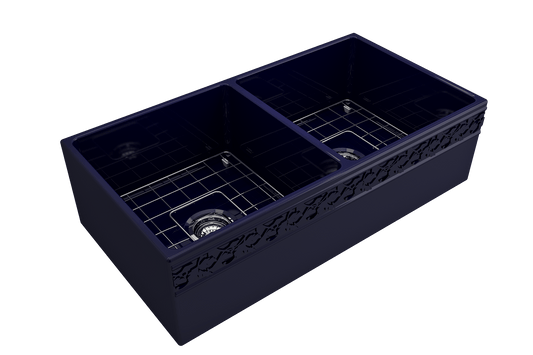Vigneto Apron Front Fireclay 36" Double Bowl Kitchen Sink in Sapphire Blue
