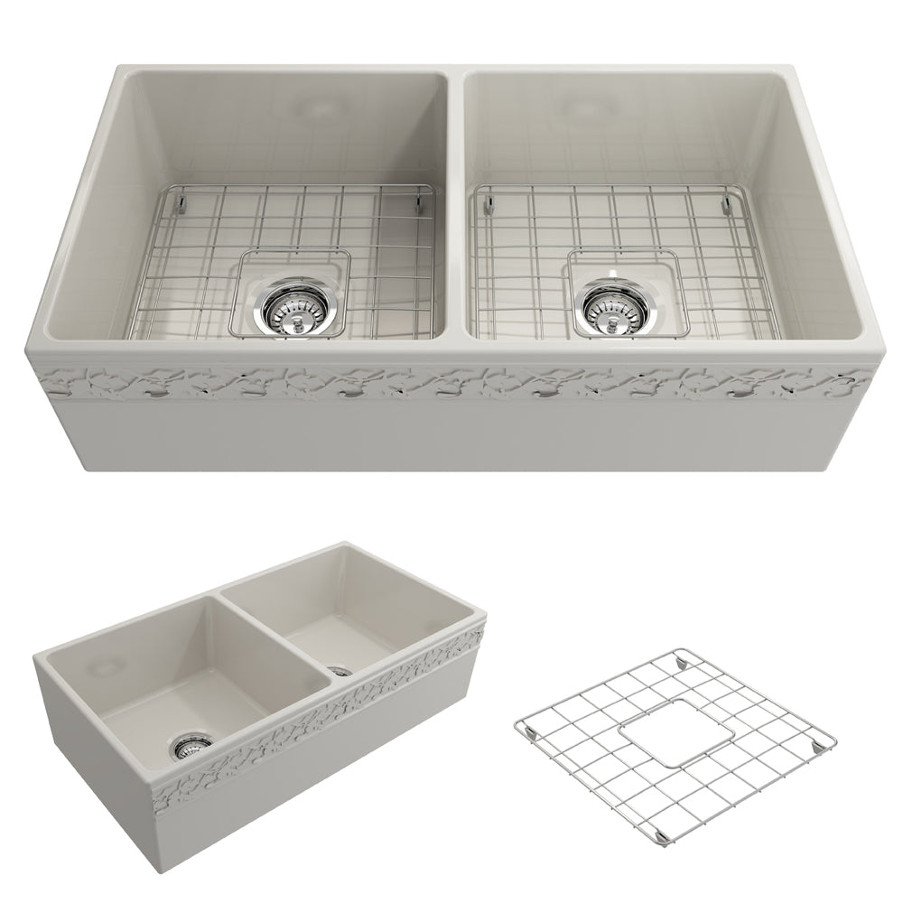 Vigneto Apron Front Fireclay 36" Double Bowl Kitchen Sink in Biscuit