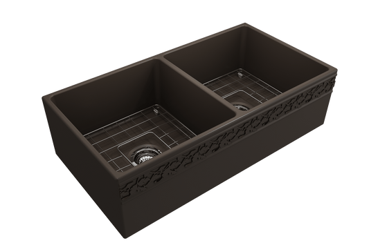 Vigneto Apron Front Fireclay 36" Double Bowl Kitchen Sink in Matte Brown