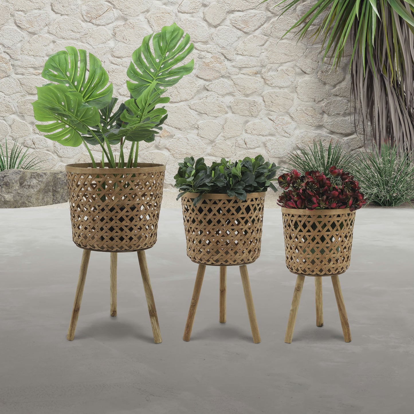 S/3 Bamboo Planters 11/13/15" Natural, Net Pattern